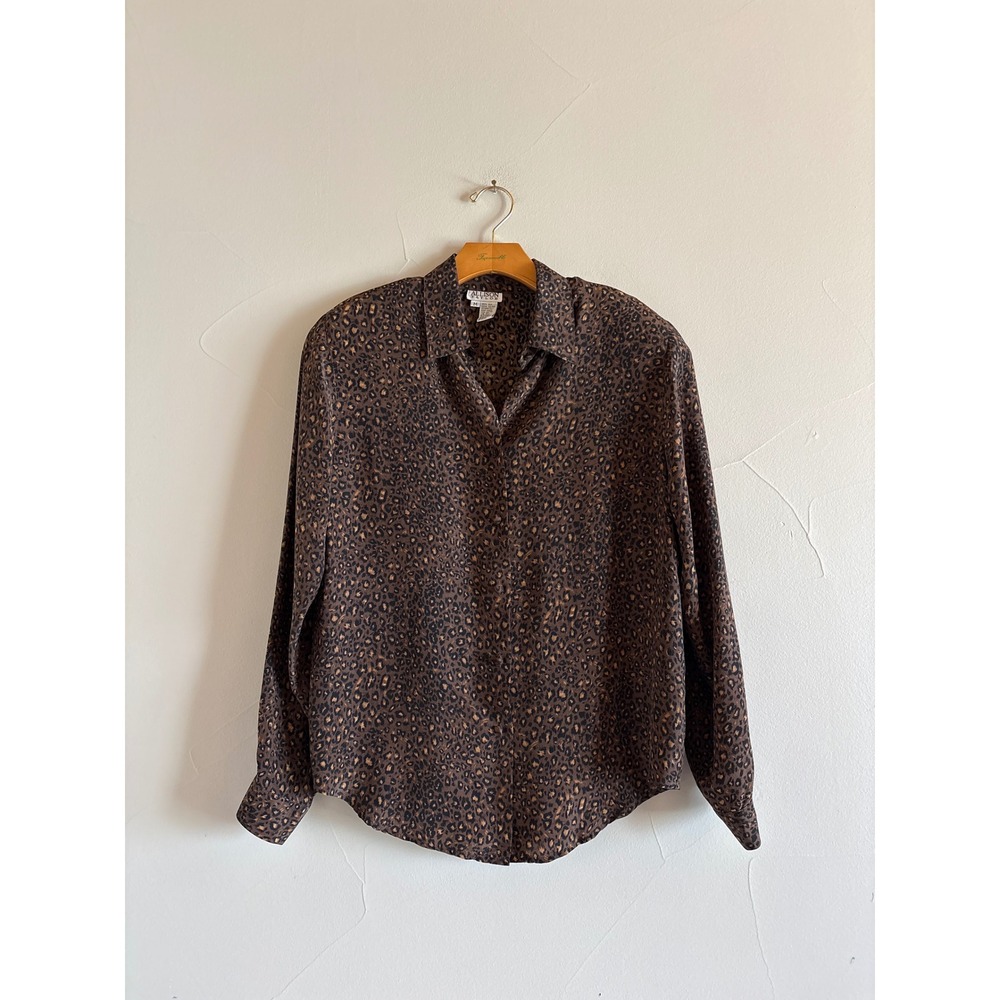 Allison Taylor Vintage 90s‎ Silk Leopard Print Button Down Blouse Brown Womens M